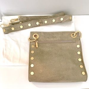 Hammitt Tony Medium Grey Pewter Crossbody Bag Gold Studded Strap EUC